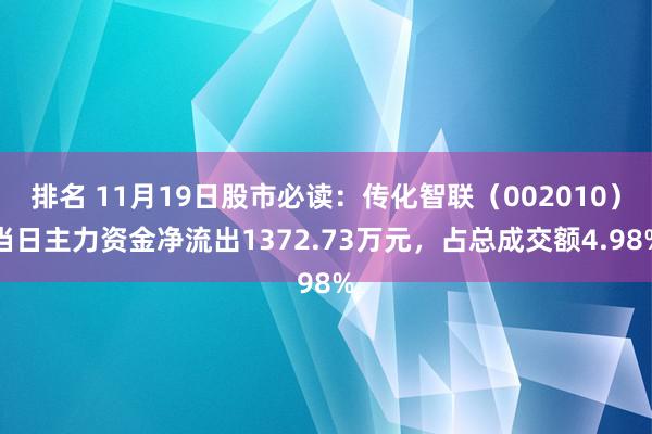 排名 11月19日股市必读：传化智联（002010）当日主力资金净流出1372.73万元，占总成交额4.98%