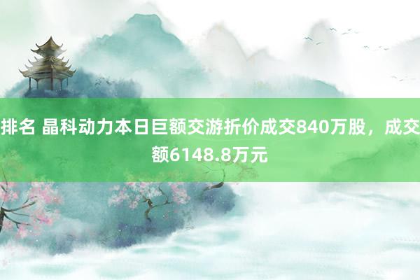 排名 晶科动力本日巨额交游折价成交840万股，成交额6148.8万元