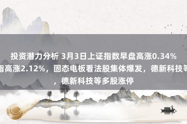 投资潜力分析 3月3日上证指数早盘高涨0.34%，创业板指高涨2.12%，固态电板看法股集体爆发，德新科技等多股涨停